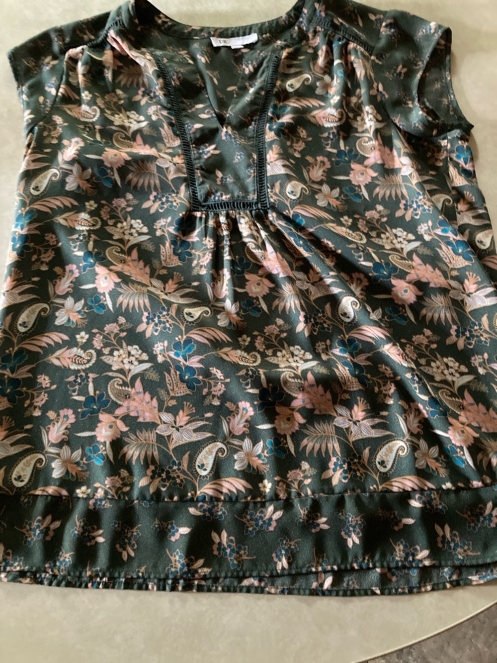 DR2 Green Floral Blouse with Pink and Teal Accents